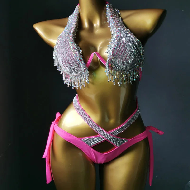 STOCK 5Colors Diamond Bikini Underwire Push up Swimwear Crystal Low Rise Cheeky Swimsuit S-L