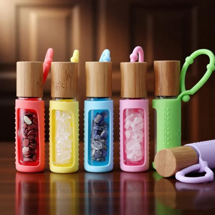 WOGU Bamboo Cover Cosmetic Packaging 10ml Gemstone Glass Roll on Container Luxury Empty Essential Oil Roller Perfume Bottles