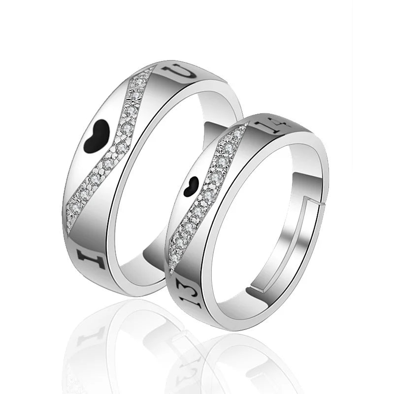 New Trendy Exquisite Sweet Lover Zircon Ring Luxury Platinum Color Black Heart Adjustable Diamond Couple Ring Engagement Gift