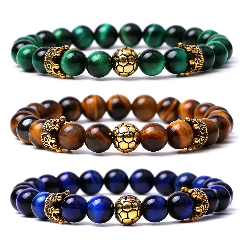 Fashion Charm Soccer 8mm Tiger Eye Lava Turquoise Agate Beads Woman Genuine Natural Stone Bracelets Jewelry for Man