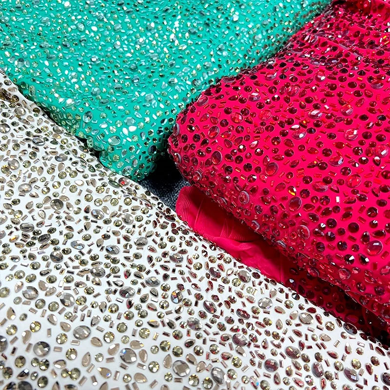 F007 Hot Sale Rhinestone Stretch Fabric Shiny Crystal Mesh Lace Fabric Various Shapes Rhinestone Fabric