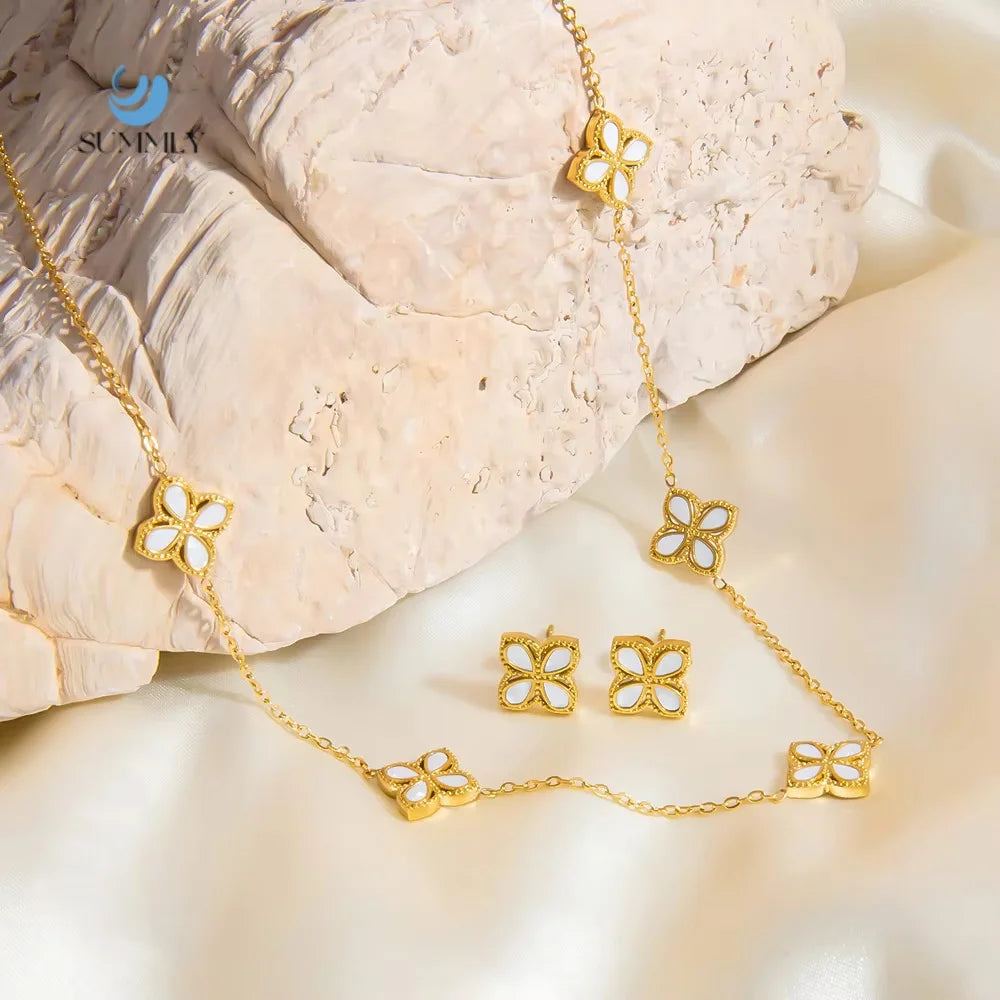 SUMMLY Wholesale Four Leaf Clover Set 18K Gold Plated Stainless Steel Necklace Earrings Fashion Jewelry