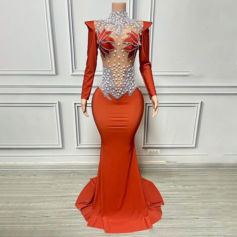 Rhinestone Dress 2024 Long Sleeve Pearl Evening Dress Luxury Elegant Women's Birthday MegaBDM