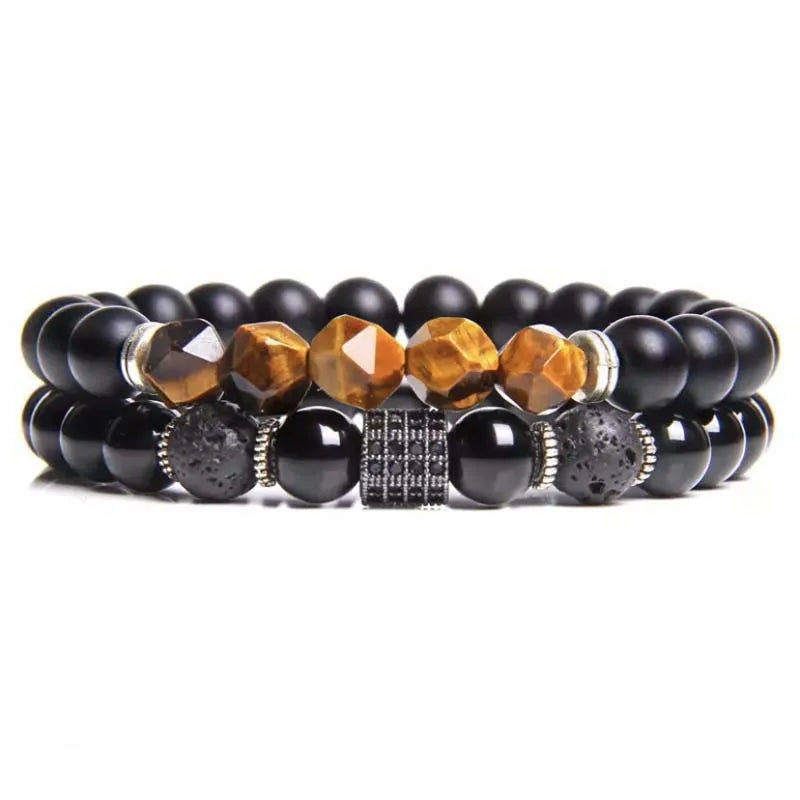 Lava Matt Crystal Beaded Natural Stone Tiger Eye Beads Bracelet 2PCS/SET ST209