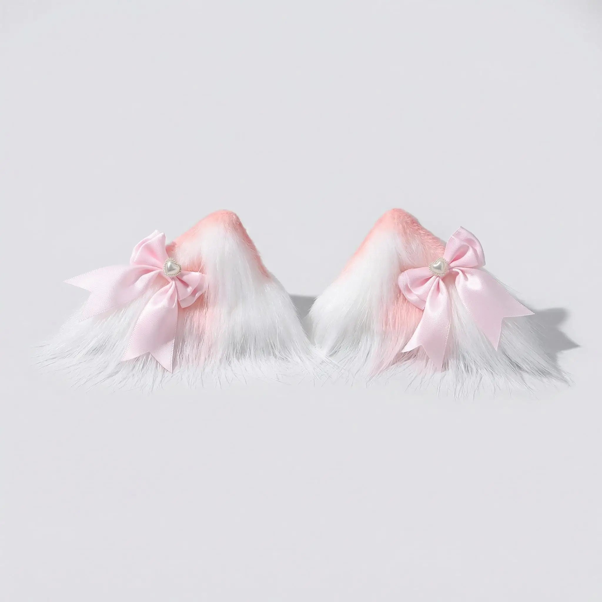 E0005 Kawaii Pink Furry Cat Ears Hair Clips Plush Animal Ear Hair Barrettes with Bow Pearl Cute Cosplay Hair Accessories