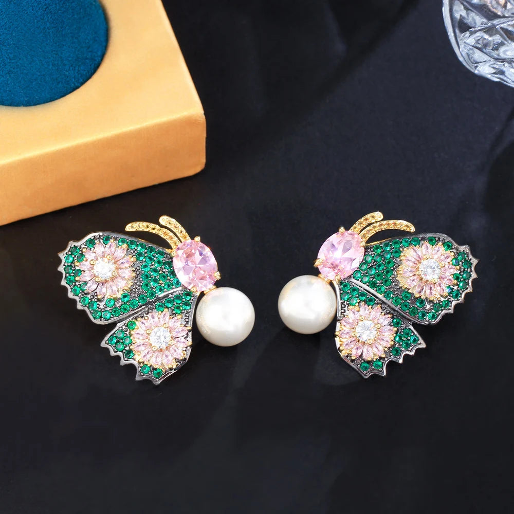 Glamorous Pink Green Cubic Zirconia Asymmetrical Butterfly Drop Pearl Earrings Designs for Women Unique Bridal Wedding Party Jew