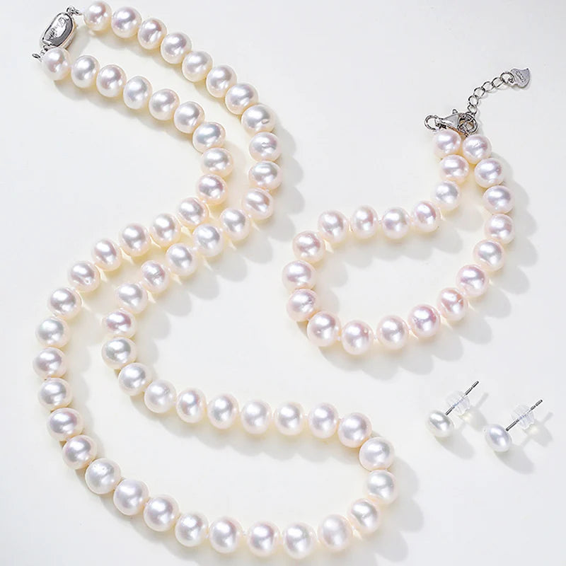 4A 7-8mm 8-9mm Natural White Button S925 Silver Freshwater Pearl Necklace Bracelet Earrings Jewelry Set Premium Quality Elegant