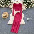 Women Lace Long Sleeve Top Slim Tight Skirt Two Piece Set