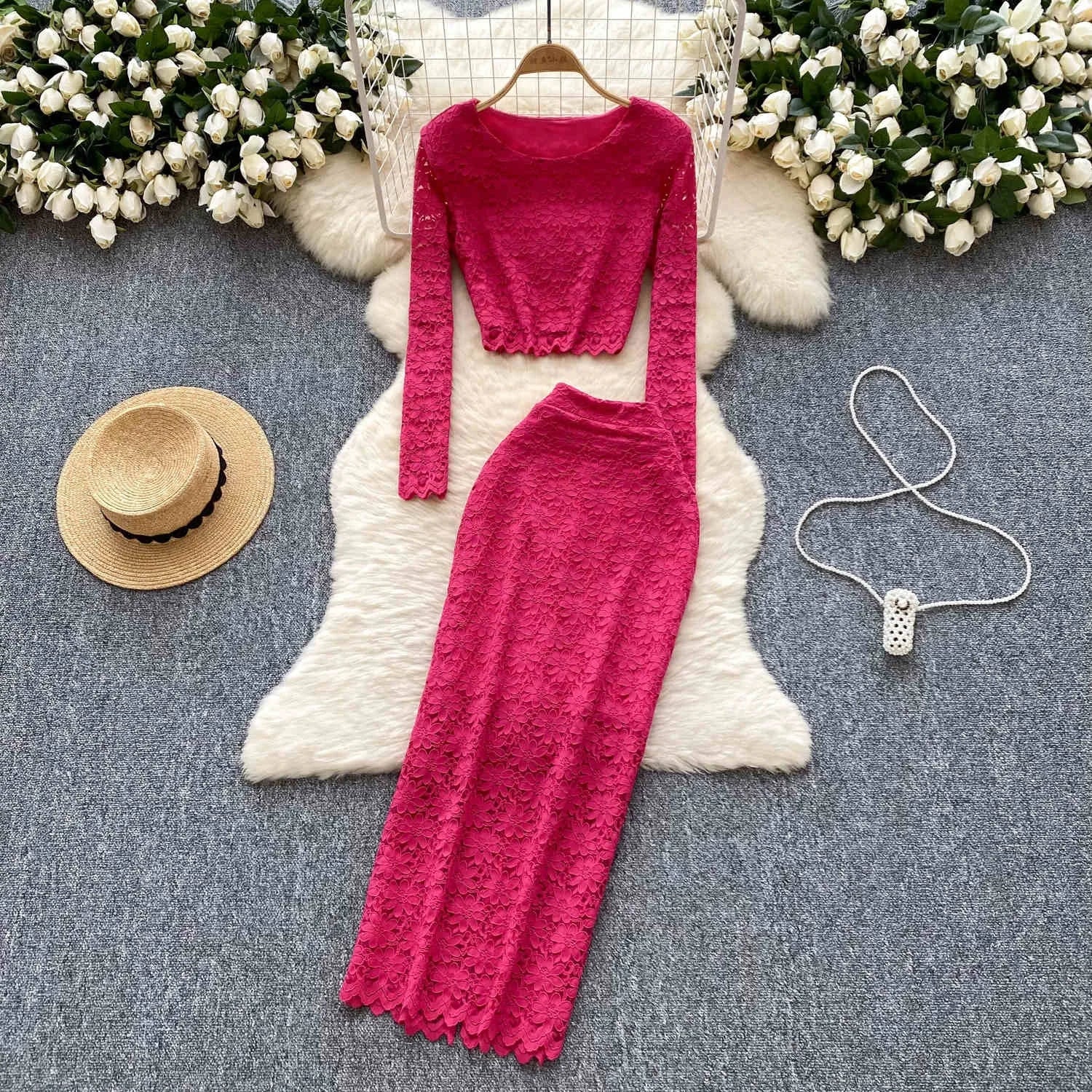Women Lace Long Sleeve Top Slim Tight Skirt Two Piece Set