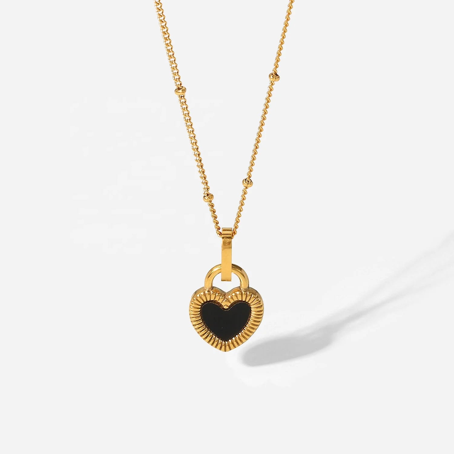 18K Gold Plated Double-Sided Jewelry Stainless Steel Black White Signet Lock Heart Necklace