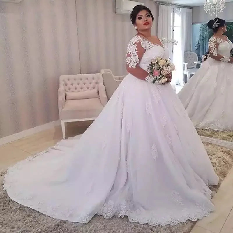AL1456 Wholesale Customization WEDDING DRESS Deep V-neck New Plus Size White Lace Long Sleeve Fluffy Wedding Dress