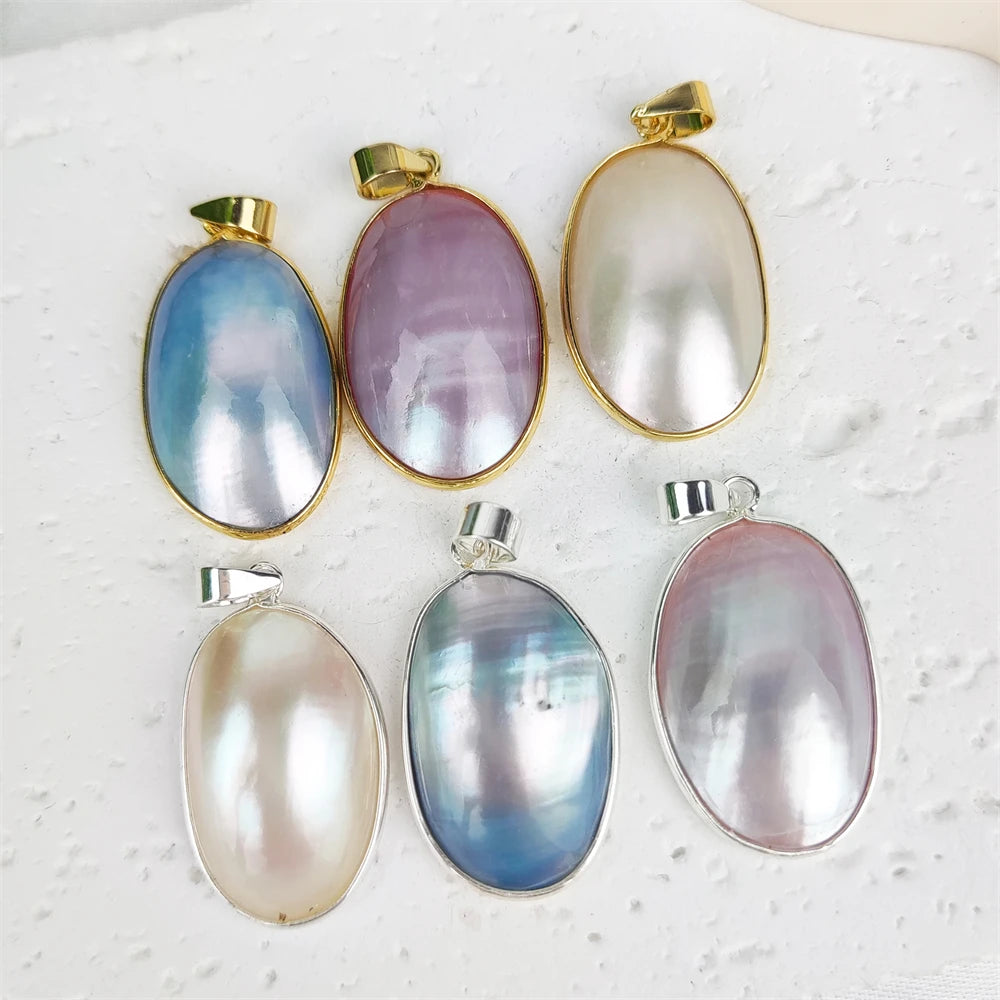 2025 New Bohemian Plated Jewelry Colorful White Pink Blue Big Shell Bezel Pendant Cute Number Seashell Mabe Necklace for Making