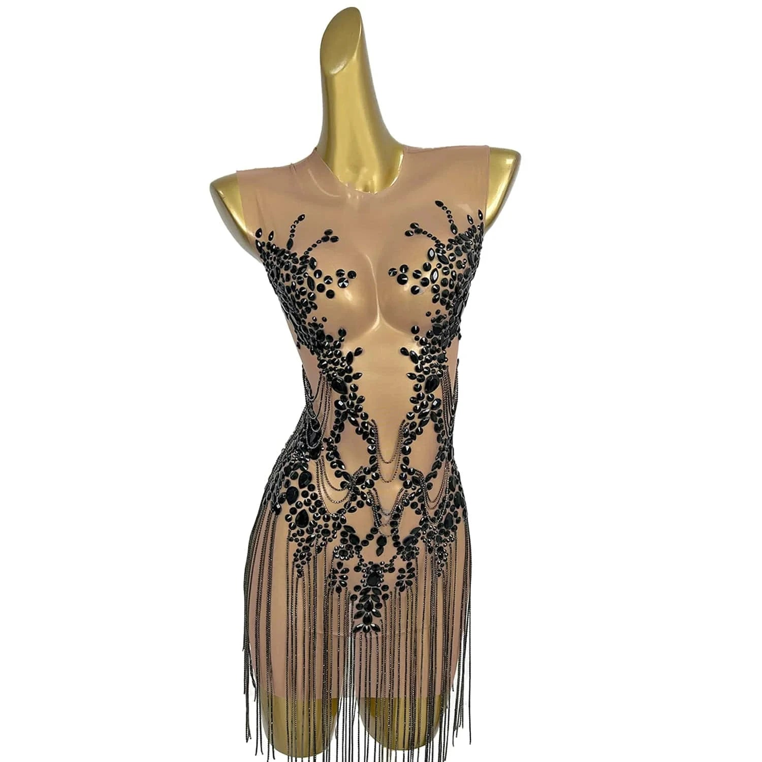 Sexy Mesh Rhinestone Fringes Short Banquet Cocktail Dress Women Sleeveless Exotic Dancer Outfit Women Nightclub Party Dress