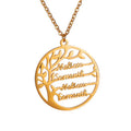 Custom Family Tree Name Necklace Stainless Steel Round Pendent with Gold Plating Rope Chain
