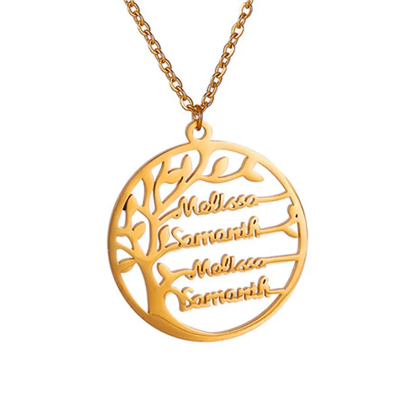 Custom Family Tree Name Necklace Stainless Steel Round Pendent with Gold Plating Rope Chain