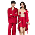 New Couple Red Happiness Wedding Pajamas Women Lace Smooth Silky Nightgown Set Long Sleeve Large Size Men's 2 Pcs Set Pajamas