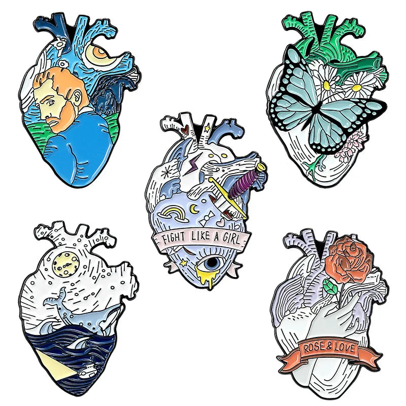 Ocean Heart Enamel Lapel Pin Rose Butterfly Van Goh Premium Design for Doctor and Nurse Anatomy Enamel Lapel Pins