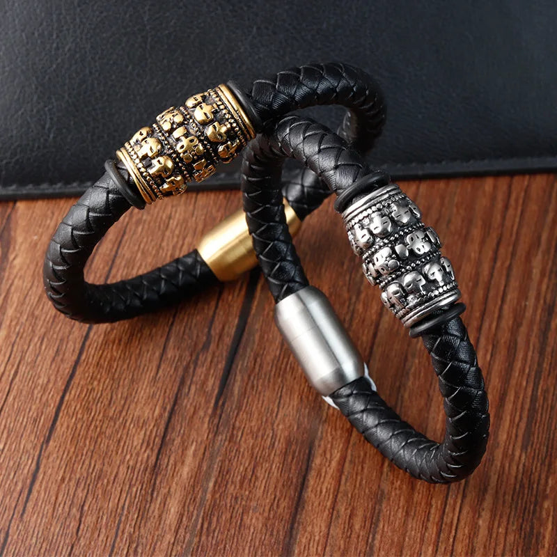 Braided Genuine Leather Bracelet Multilayer Men's Gold Stainless Steel Magnetic Clasp Rope Jewelry Bracelet for Men