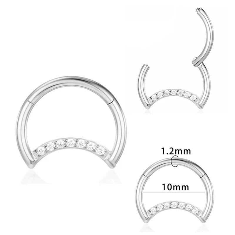 Gaby G23 Titanium Earrings Daith Hoop Tragus Moon Helix Rings with Clear Cubic Zirconia Wedding Jewelry Hinged Segment Hoop