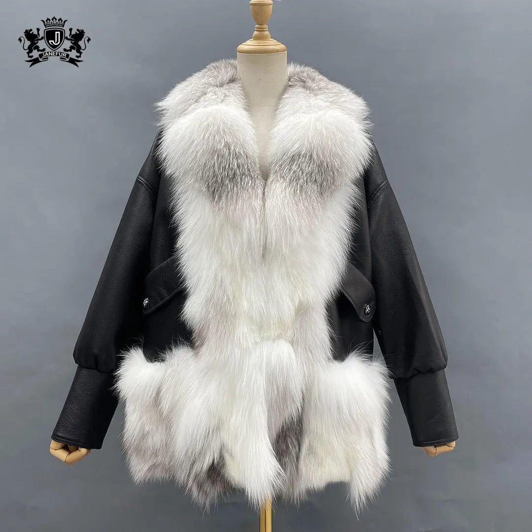 Janefur New Hot Design European Style Sheepskin Jacket Luxury Warm 100% Real Genuine Leather Winter Coat With Fox Fur