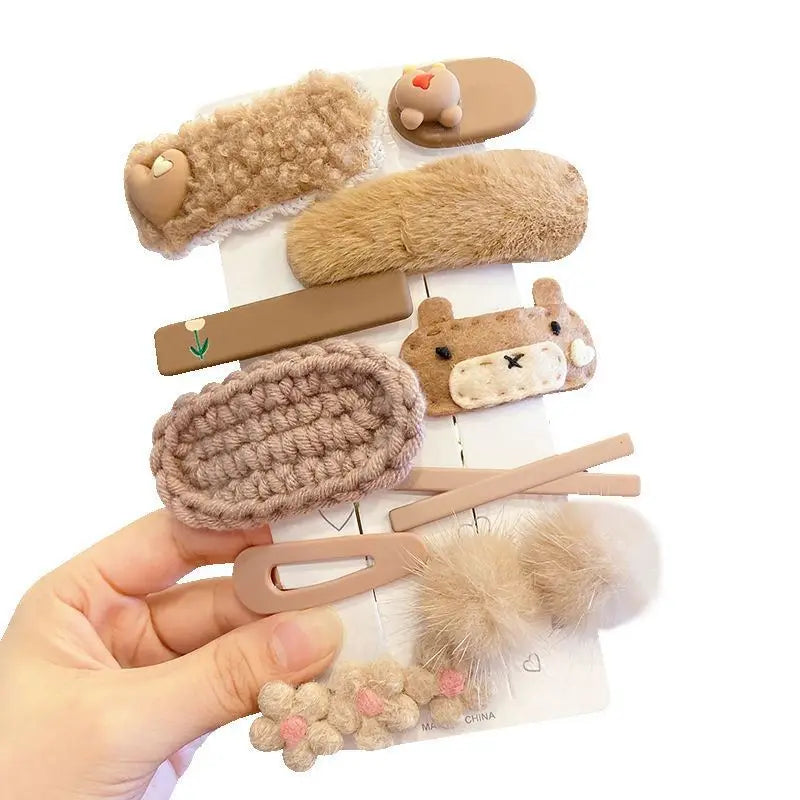 MIO 10pcs/sets Kids Autumn Fabric Hair Clips Korean Cute Cartoon Hair Accessories Plush Barrettes Hairpins Girls Bangs Side Clip
