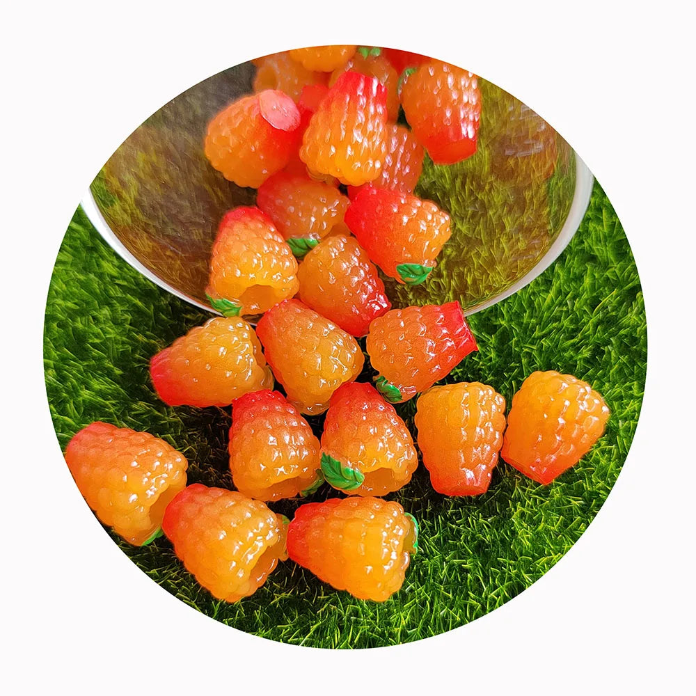 Realistic Resin Raspberry Cabochons Flat Bottomed Berry Fruit Cabs Doll House Golden Raspberries
