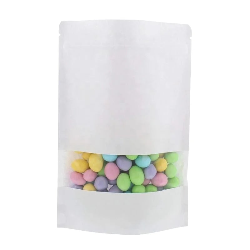 Custom White/Brown Kraft Paper Ziplock Packaging Pouches Resealable Stand-Up Bags with Clear Window for Tea Dry Food & Sugar