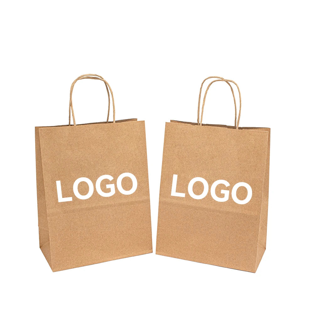 Custom Logo Eco-Friendly Brown Kraft Paper Bags Twisted Handles Large 100 Gsm Full Color Recyclable Packaging Classic Promotions