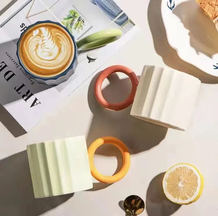Best Selling Big Ring Round Handle Ceramic Coffee Mug 250ml Nordic Style Retro Breakfast Mug Home Use