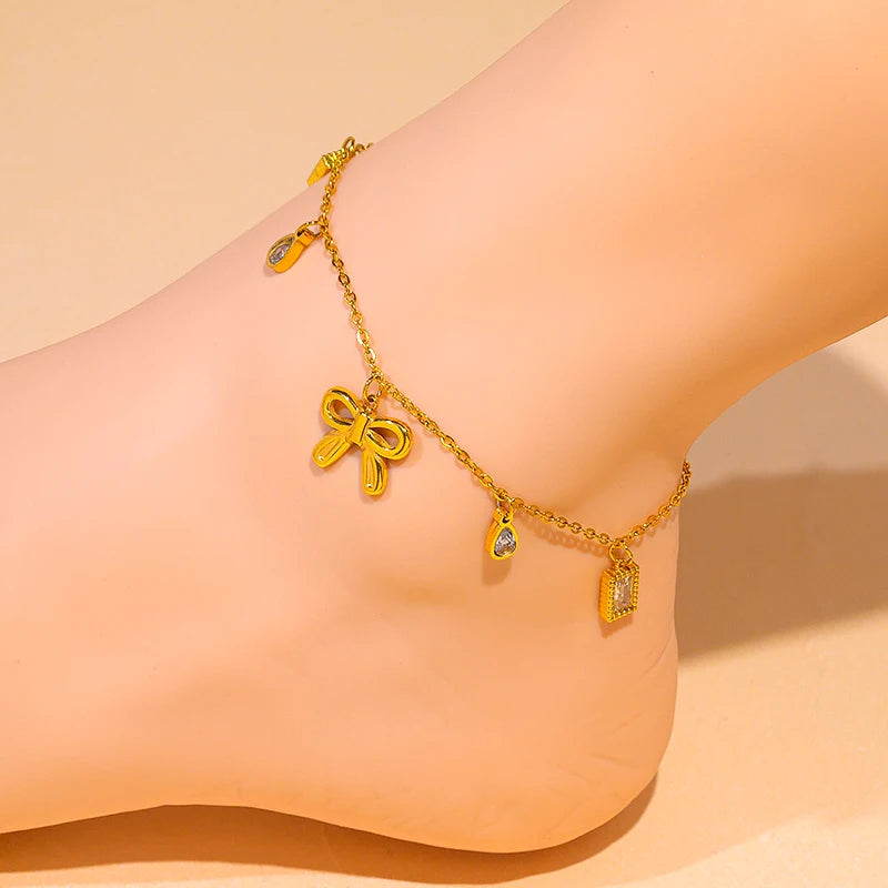 Powell 18k Gold Plated Stainless Steel Anklet Waterproof Non-tarnish Bowknot Crystal Teardrop Square Foot Jewelry Wholesale