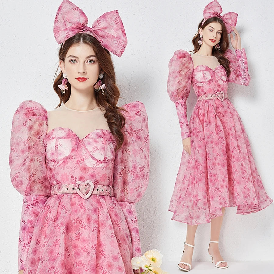 Fashionable Round Neck See Through Mesh Skirt with Bubble Sleeves and Lace up Printed Dress