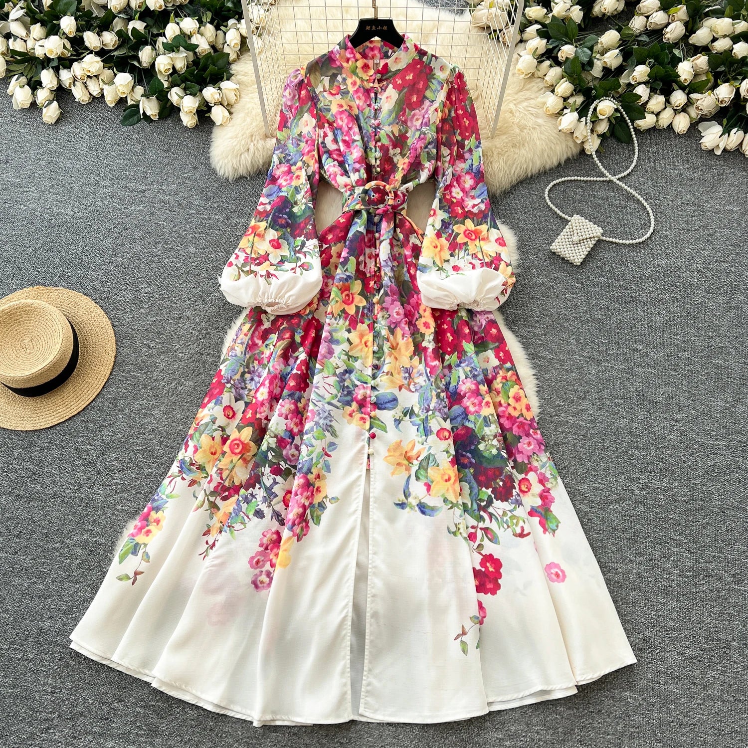 LW0993 Dress 2025 Spring Vintage Stand-Up Collar Lantern Sleeve Waist Print Full Elegant Casual Dresses Plus Size