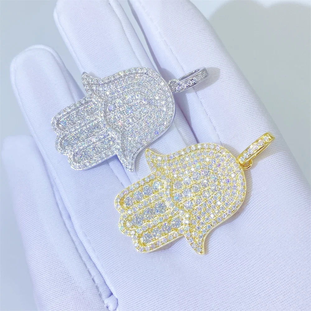 3D Hamsa Hand Pendant 925 Sterling Silver Moissanite Diamond Pendant Hip Hop