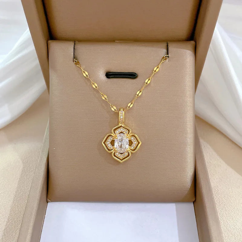 Bling 18k Gold Plated Stainless Steel Four Clover Flower Pendant Necklace Jewelry Flower Zircon Necklace for Women Girls