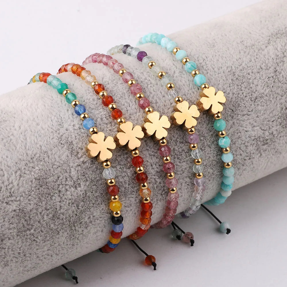 New Fashion Design 3mm Faceted Gemstone Bracelet Stainless Steel Four Clover Flower Charm Macrame Adjustable Bracelet