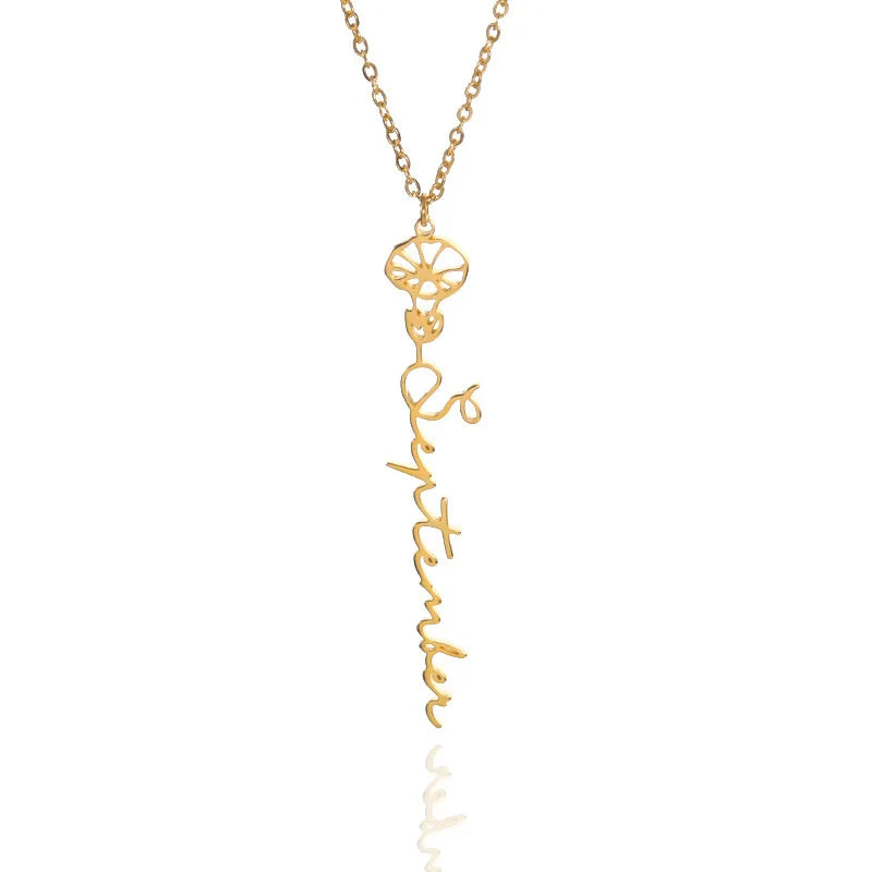 New December Flower Stainless Steel Chain Necklace Rose Engraved English Letter Pendant for Birthday and Engagement Gift
