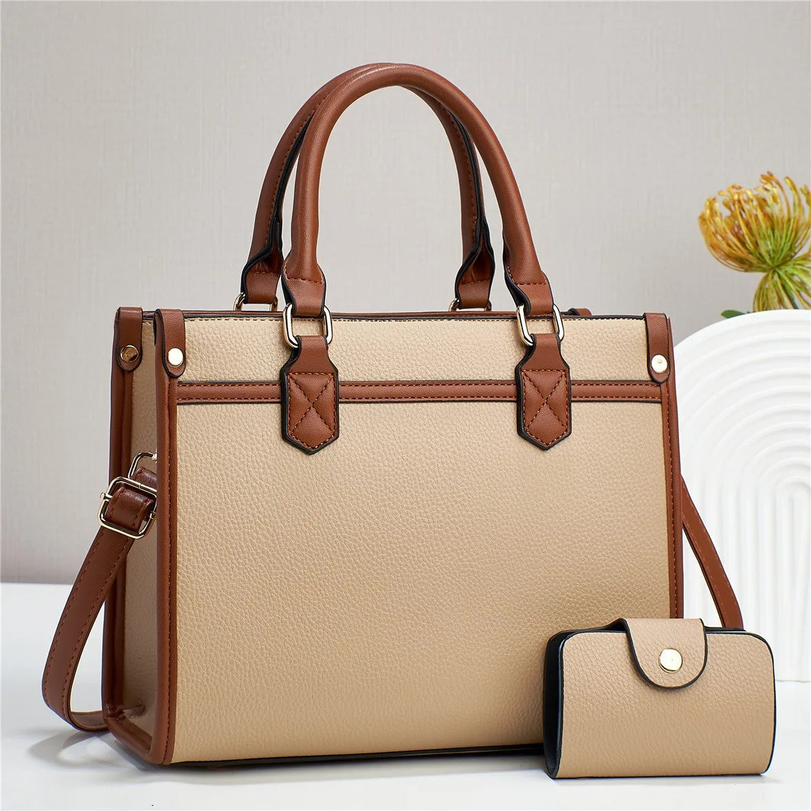 2-Piece Set for Women Fashionable Top Handle Handbag Small Purse Summer Candy Pattern Decorated Chains Diamonds Lined Polyester