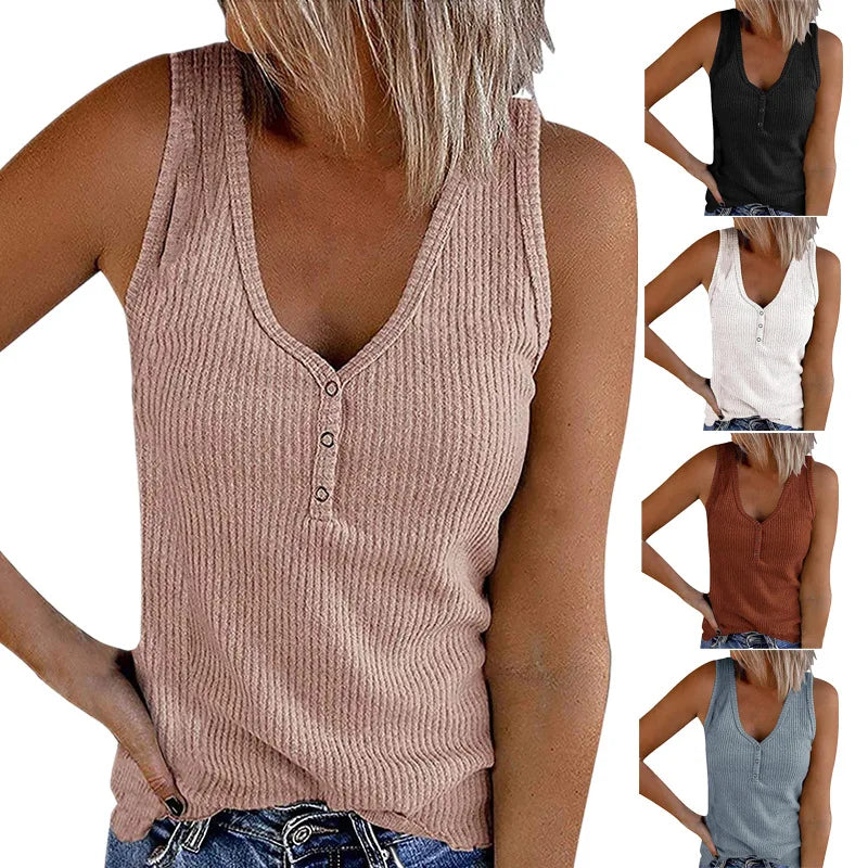 2021 Wholesale Summer Casual T-Shirt Top for Women Button Vest with V-Neck Solid Color Sleeveless Made of Knitted Fabric