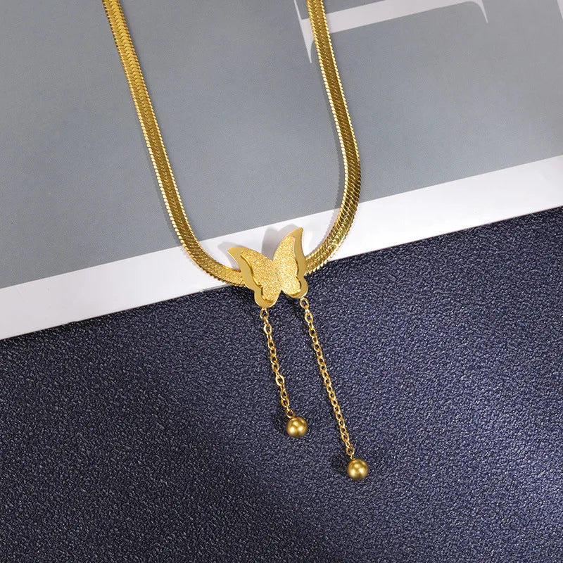 Stainless Steel Animal Upscale Jewelry Matte 2-layer Butterfly Choker Charms Snake Bone Chain Pendant 18K Gold Necklace