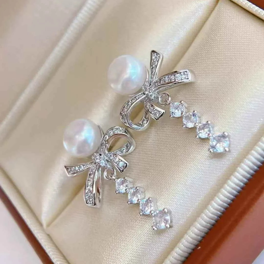 New Fairy Style Butterfly Ribbon Earrings with 6-7 mm Natural White Freshwater Pearls 6-7 mm Bread Freshwater Pearl Earrings