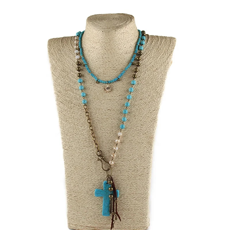 Newest Bohemia Women Jewelry 2pcs Link Chain Natural Stone Crystal Glass Metal Beads Necklace Turquoise Cross Pendant Necklace