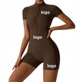 Women Workout Sports Jumpsuit Stand Collar Short Sleeves One Piece Half Zipper Fitness Yoga Bodysuit with Shorts