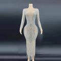 Luxury Women Singer Stage Show  Rhinestone Pattern Deep V Long Sleeve Glitter Evening Dresses Maxi Dress