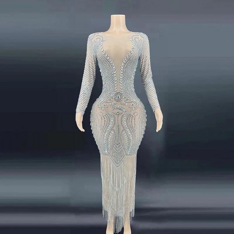 Luxury Women Singer Stage Show  Rhinestone Pattern Deep V Long Sleeve Glitter Evening Dresses Maxi Dress