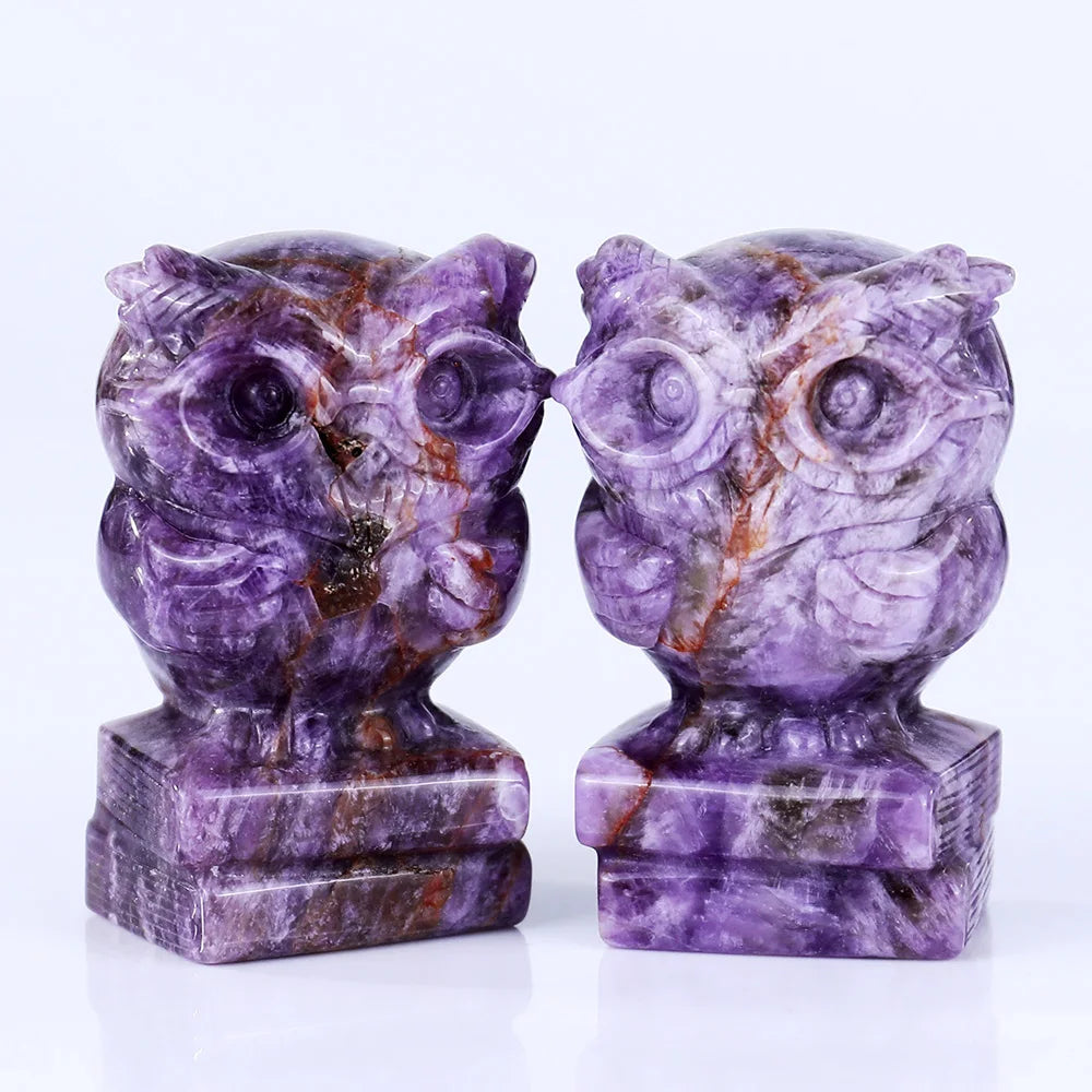 Wholesale Natural Dream Amethyst Owl on Books Standing Sculpture 3 Inch Hand Carved Crystal Craft for Graduation Gift