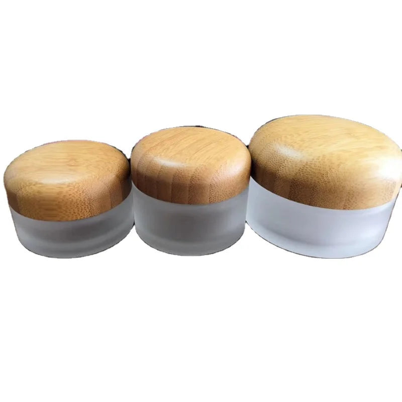 Glass Bottle Glass Cosmetic Packaging Cream Jar Lid Cosmetic Jars Container Storage Pot with Bamboo Wholesale Frosted Dark Green