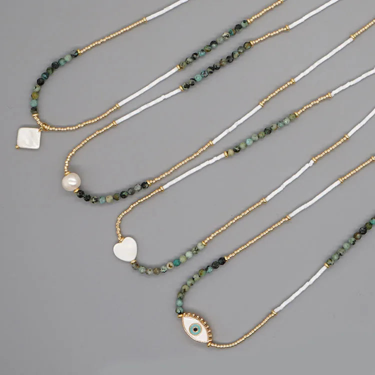 NN1146 Dainty Chic Tiny Gold Accents Natural African Turquoise Gemstone Shell Pearl Beaded Necklace Women's Choker for Ladies