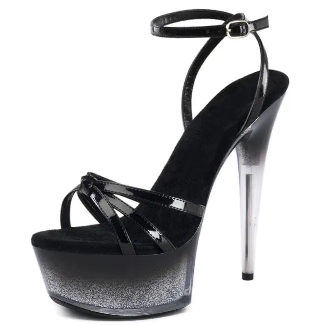 New Black Belt 15 cm Pole Dance High Heels 6 Inch Model Show Platform Leaky Toe Club Banquet Summer Sandals