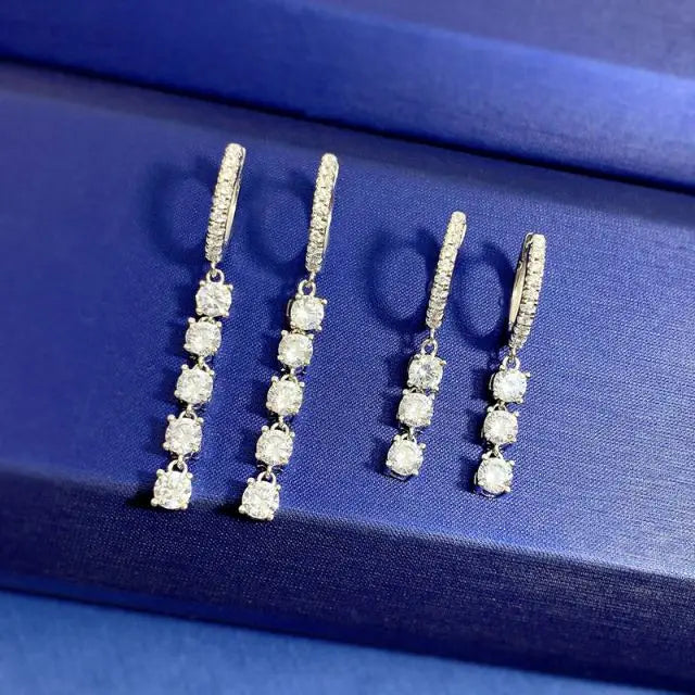 925 Sterling Silver Tassel Chain Earring Round Cubic Zirconia CZ Tennis Chain Earrings
