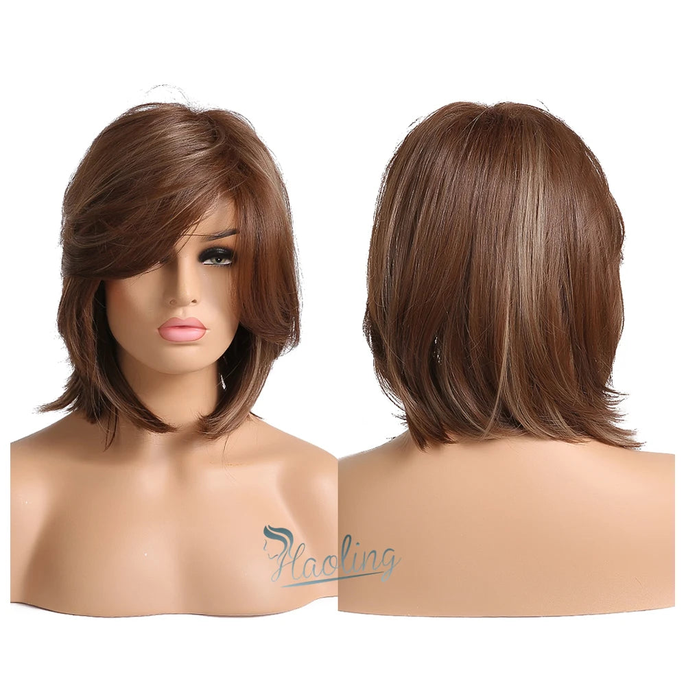 HAOLING OCM/ODM Bob Fibre Wig Light Brown Blonde Short Straight Hair Bob Wig Perucas Cabelo Liso Curto Feminino